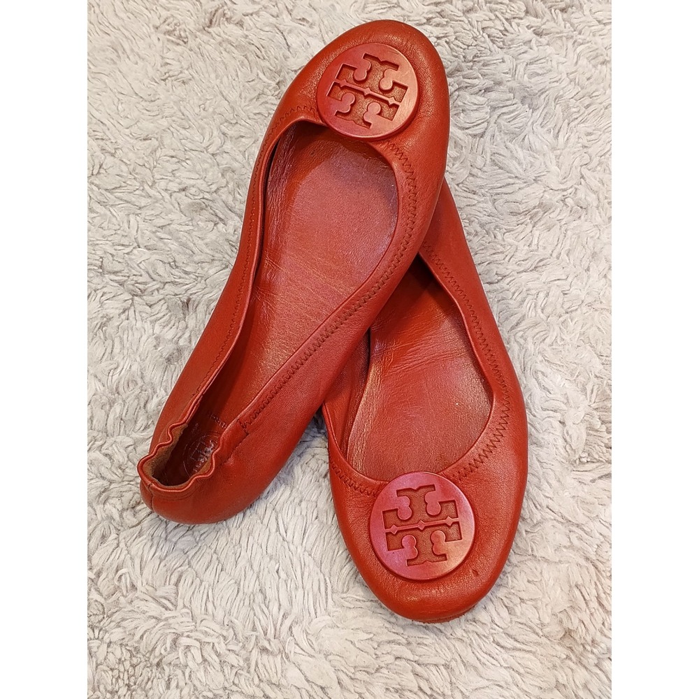 Tory Burch Minnie Travel Ballet‎ Flats Red Leather Logo Medallion Foldable Shoes